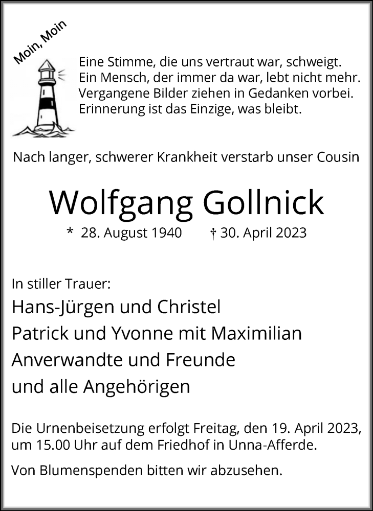 Traueranzeige für Wolfgang Gollnick vom 13.05.2023 aus Hellweger Anzeiger