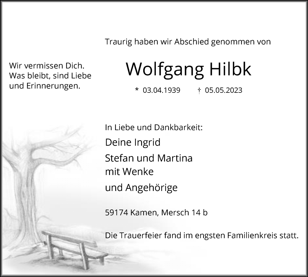  Traueranzeige für Wolfgang Hilbk vom 16.05.2023 aus Hellweger Anzeiger