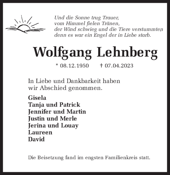 Traueranzeige von Wolfgang Lehnberg