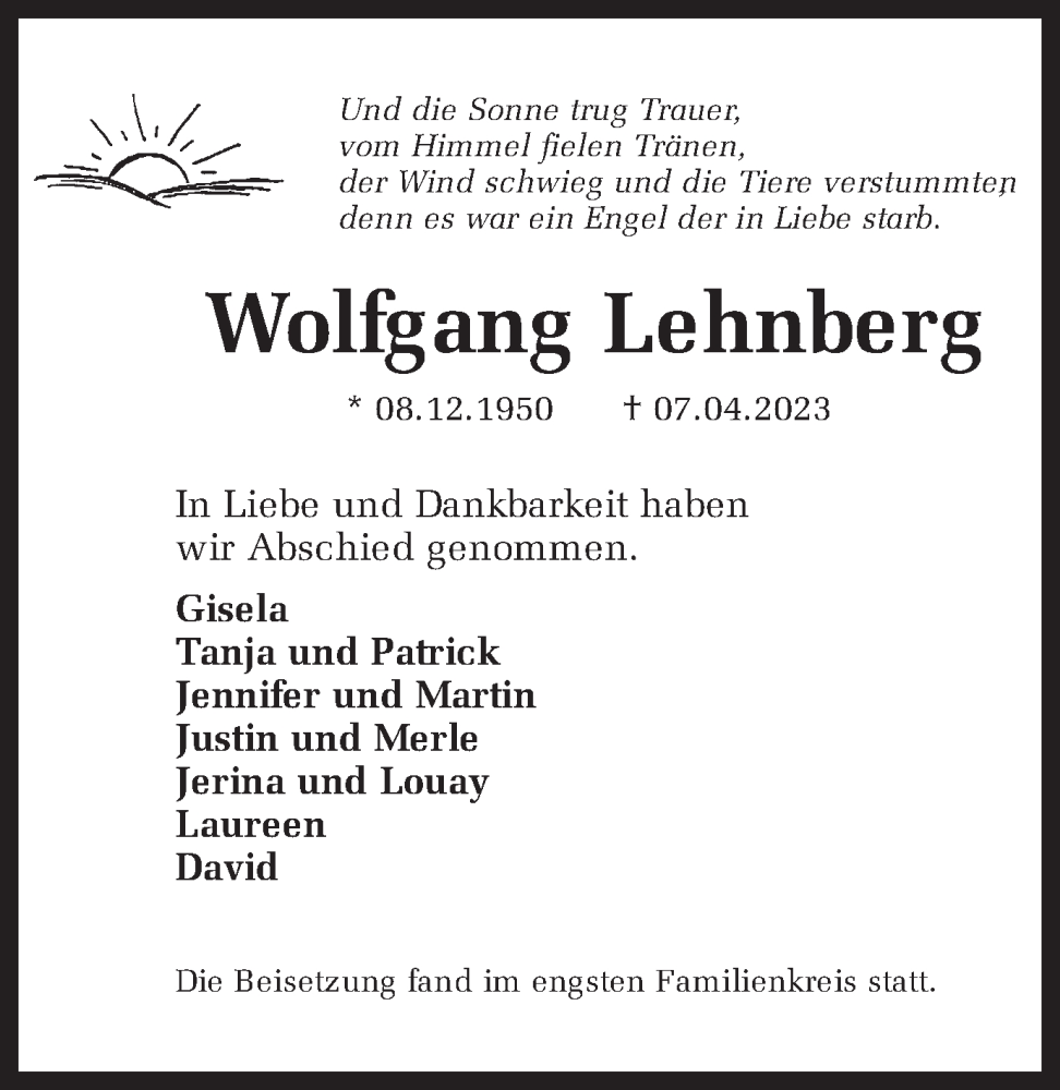  Traueranzeige für Wolfgang Lehnberg vom 23.05.2023 aus Ruhr Nachrichten und Dorstener Zeitung