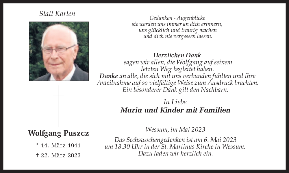  Traueranzeige für Wolfgang Puszcz vom 03.05.2023 aus Münstersche Zeitung und Münsterland Zeitung