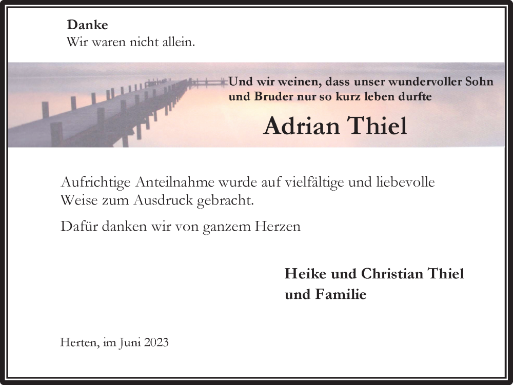  Traueranzeige für Adrian Thiel vom 17.06.2023 aus Medienhaus Bauer