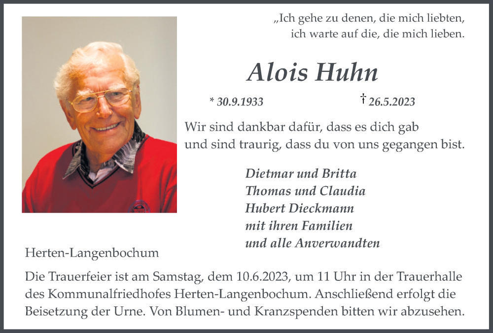 Traueranzeige für Alois Huhn vom 03.06.2023 aus Medienhaus Bauer