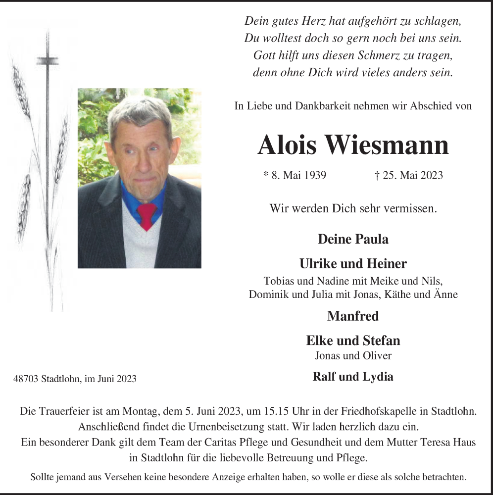  Traueranzeige für Alois Wiesmann vom 01.06.2023 aus Münstersche Zeitung und Münsterland Zeitung