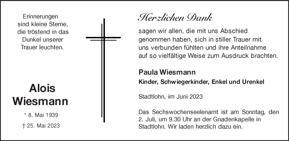  Traueranzeige für Alois Wiesmann vom 28.06.2023 aus Münstersche Zeitung und Münsterland Zeitung