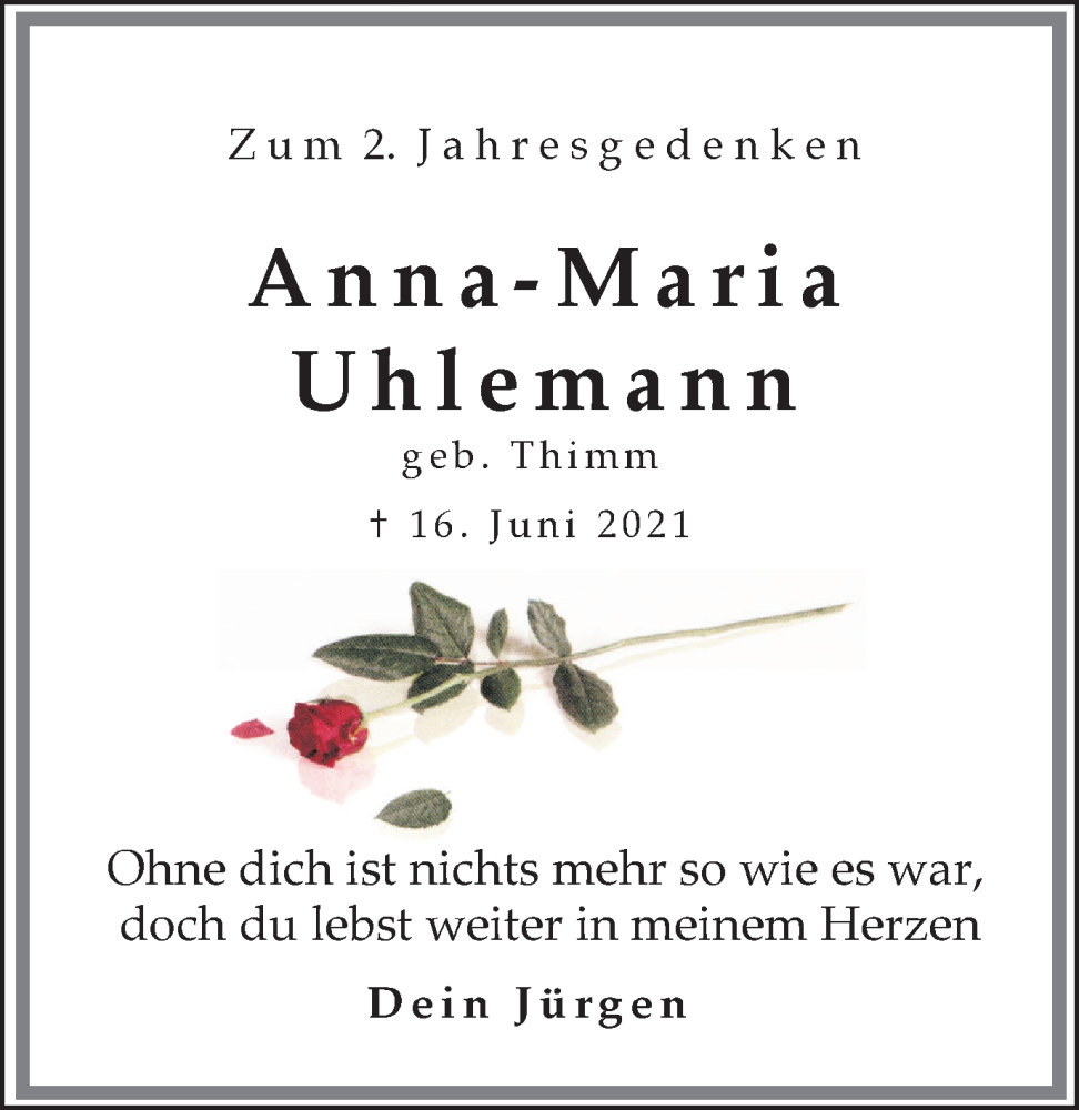  Traueranzeige für Anna-Maria Uhlemann vom 17.06.2023 aus 
