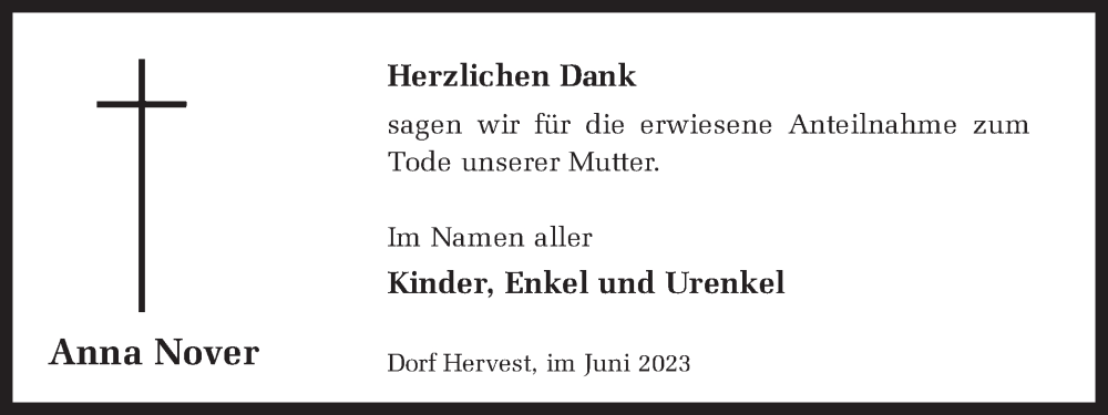  Traueranzeige für Anna Nover vom 17.06.2023 aus Ruhr Nachrichten und Dorstener Zeitung
