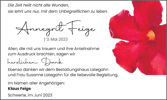Traueranzeige von Annegrit Feige 