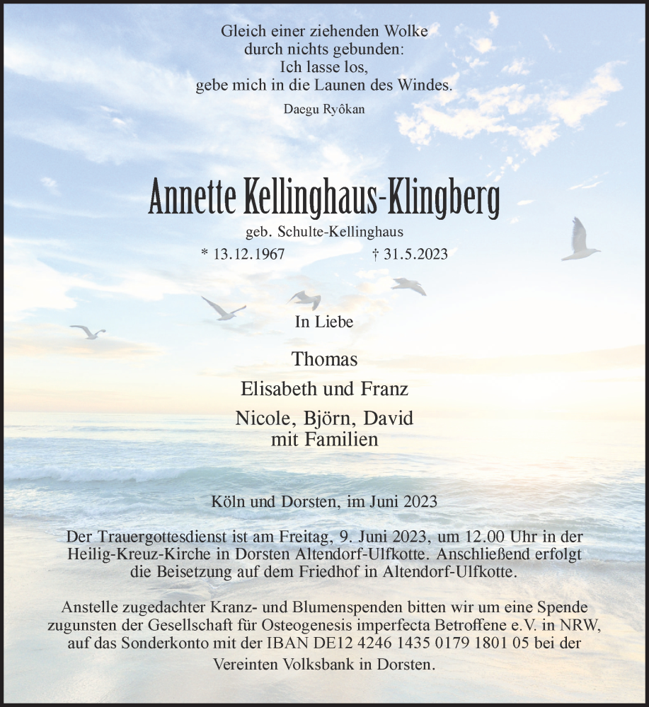  Traueranzeige für Annette Kellinghaus-Klingberg vom 07.06.2023 aus Ruhr Nachrichten und Dorstener Zeitung
