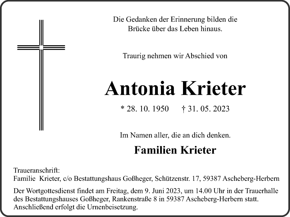  Traueranzeige für Antonia Krieter vom 03.06.2023 aus Ruhr Nachrichten und Dorstener Zeitung