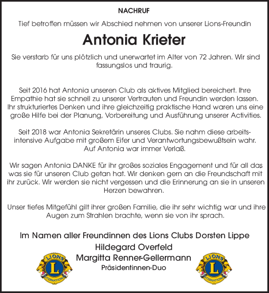 Traueranzeige von Antonia Krieter von Ruhr Nachrichten und Dorstener Zeitung