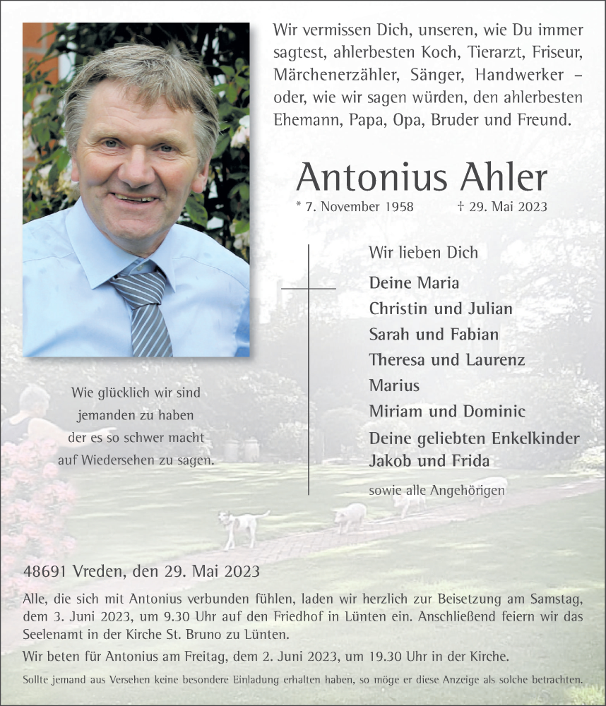  Traueranzeige für Antonius Ahler vom 01.06.2023 aus Münstersche Zeitung und Münsterland Zeitung