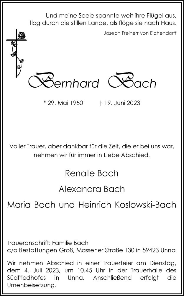  Traueranzeige für Bernhard Bach vom 26.06.2023 aus Hellweger Anzeiger