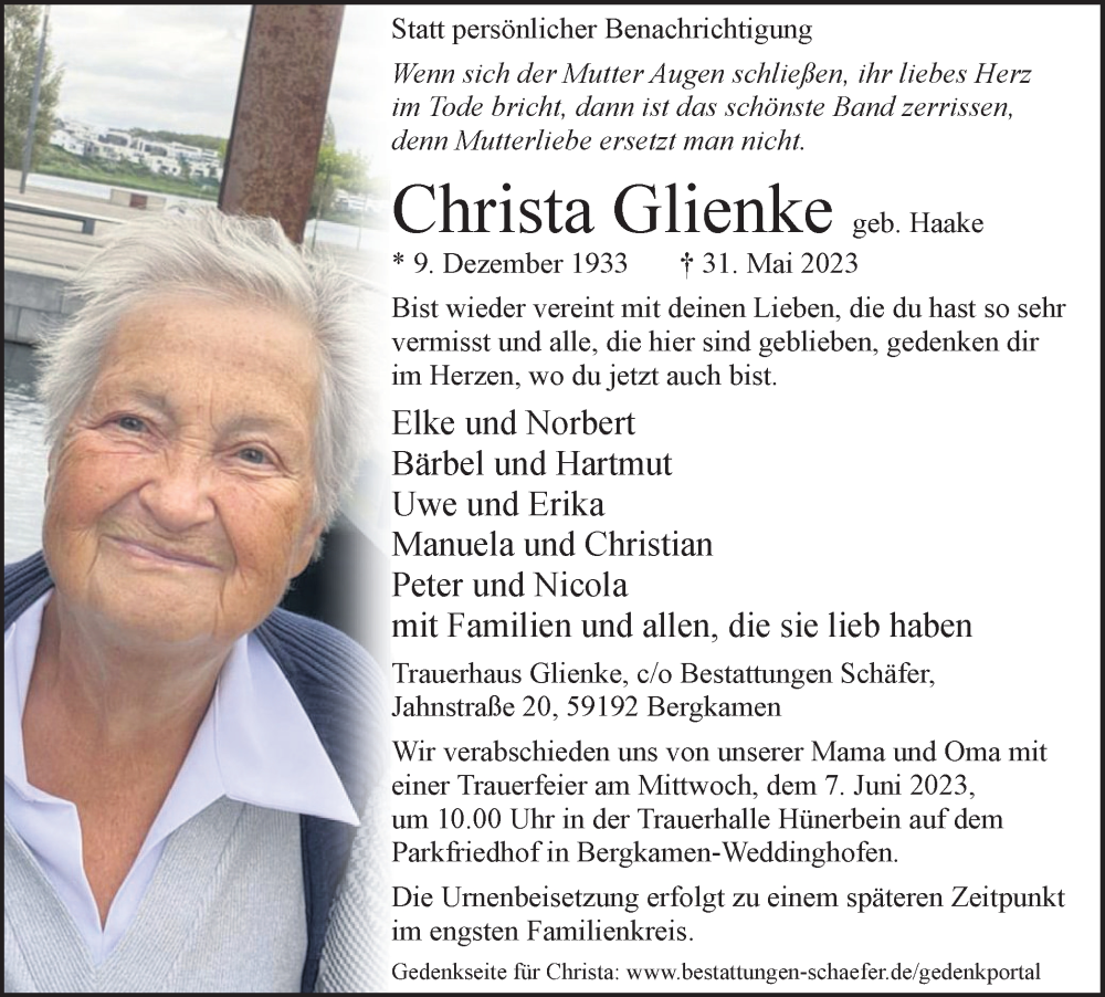  Traueranzeige für Christa Glienke vom 03.06.2023 aus Hellweger Anzeiger