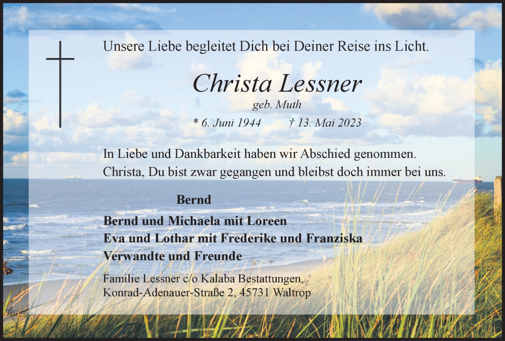  Traueranzeige für Christa Lessner vom 03.06.2023 aus Medienhaus Bauer
