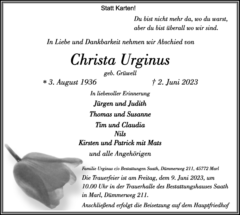  Traueranzeige für Christa Urginus vom 07.06.2023 aus Medienhaus Bauer