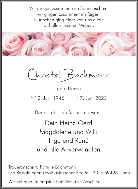 Traueranzeige von Christel Bachmann von Hellweger Anzeiger