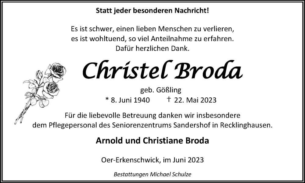  Traueranzeige für Christel Broda vom 24.06.2023 aus Medienhaus Bauer