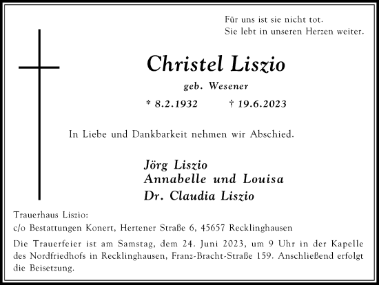 Traueranzeige von Christel Liszio von Medienhaus Bauer
