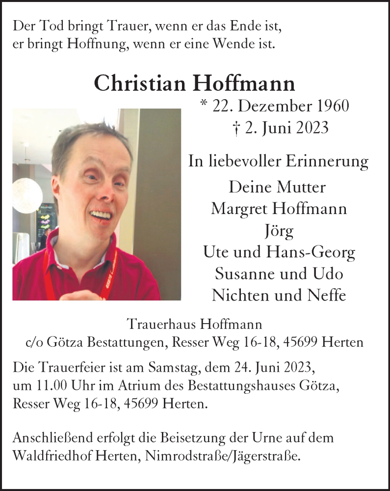  Traueranzeige für Christian Hoffmann vom 07.06.2023 aus Medienhaus Bauer