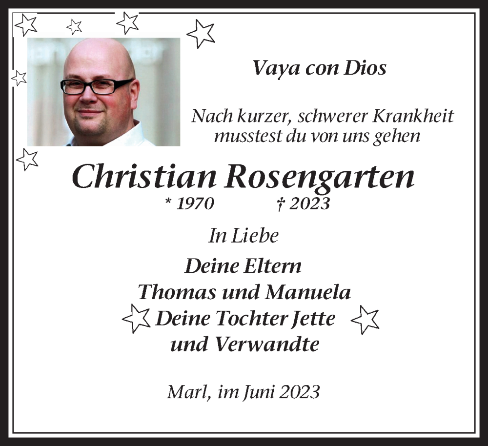  Traueranzeige für Christian Rosengarten vom 10.06.2023 aus Medienhaus Bauer