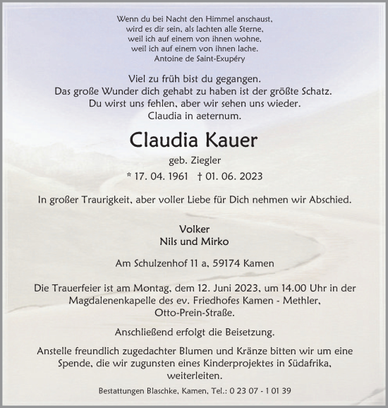 Traueranzeige von Claudia Kauer