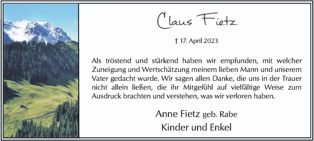  Traueranzeige für Claus Fietz vom 07.06.2023 aus Hellweger Anzeiger