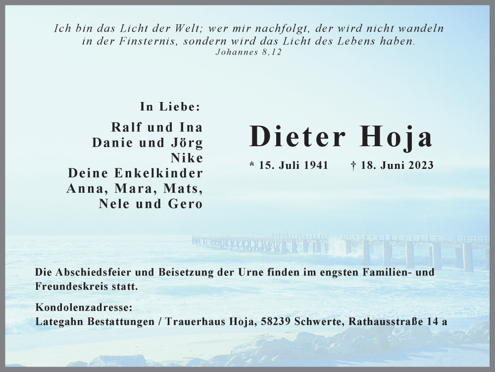  Traueranzeige für Dieter Hoja vom 24.06.2023 aus 