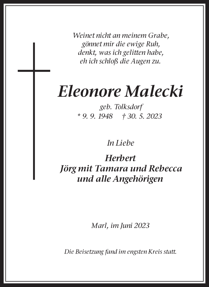  Traueranzeige für Eleonore Malecki vom 07.06.2023 aus Medienhaus Bauer