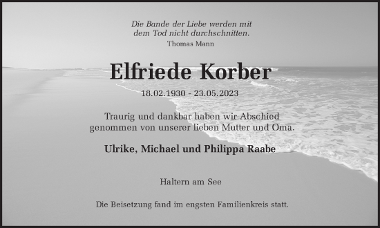 Traueranzeige von Elfriede Korber von Ruhr Nachrichten und Halterner Zeitung