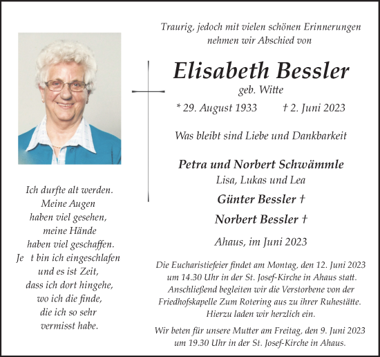 Traueranzeige von Elisabeth Bessler von Münstersche Zeitung und Münsterland Zeitung