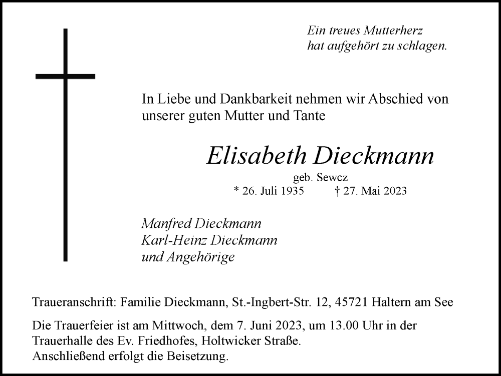  Traueranzeige für Elisabeth Dieckmann vom 01.06.2023 aus Medienhaus Bauer