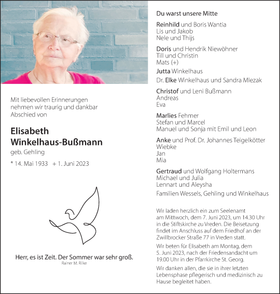 Traueranzeige von Elisabeth Winkelhaus-Bußmann