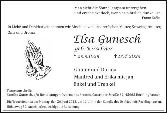 Traueranzeige von Elsa Gunesch von Medienhaus Bauer