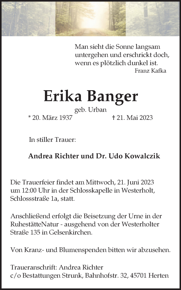  Traueranzeige für Erika Banger vom 14.06.2023 aus Medienhaus Bauer