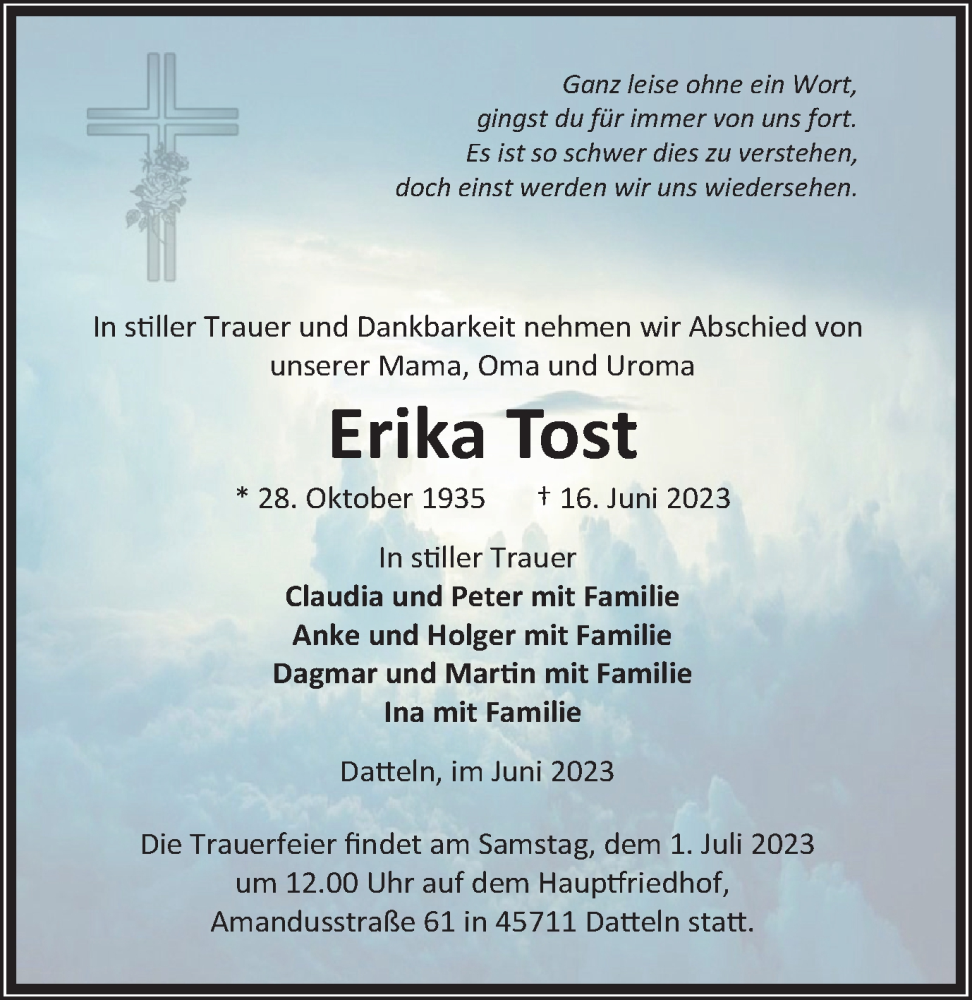  Traueranzeige für Erika Tost vom 24.06.2023 aus Medienhaus Bauer