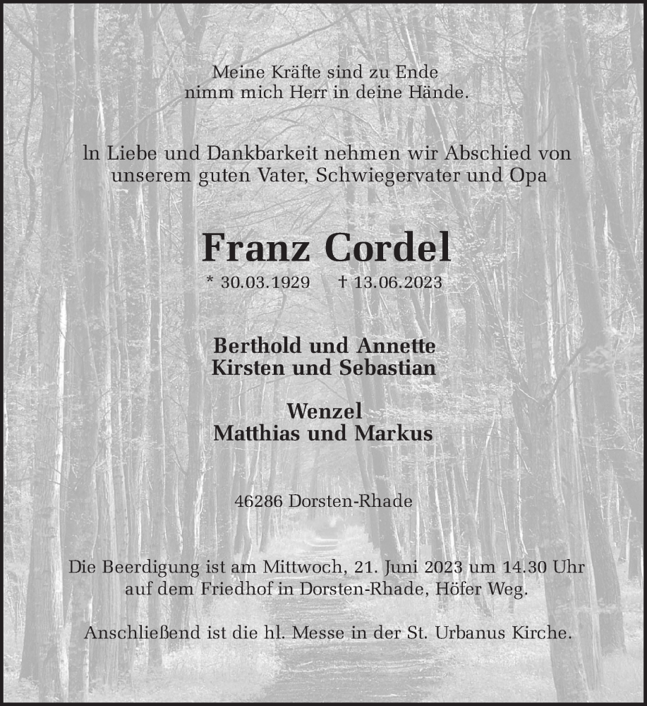  Traueranzeige für Franz Cordel vom 17.06.2023 aus Ruhr Nachrichten und Dorstener Zeitung