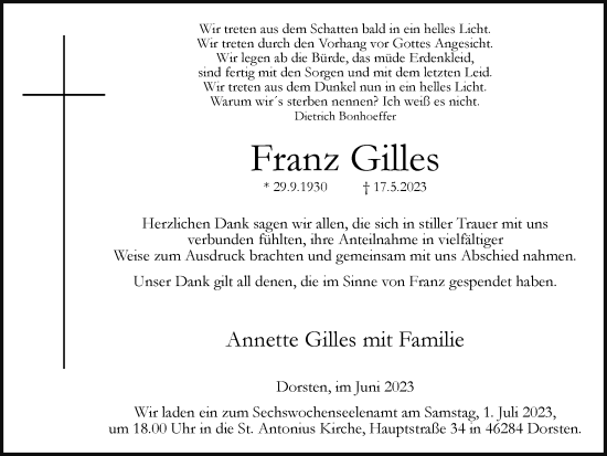 Traueranzeige von Franz Gilles von Ruhr Nachrichten und Dorstener Zeitung