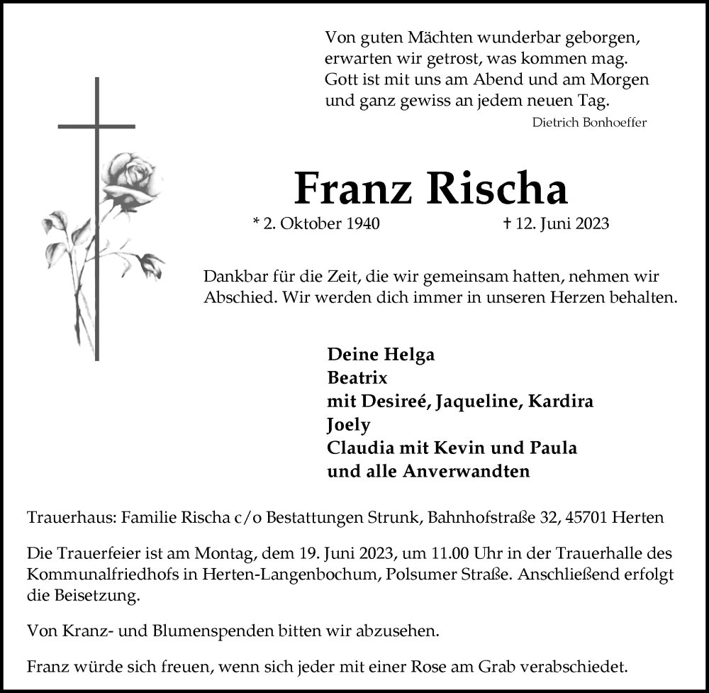  Traueranzeige für Franz Rischa vom 16.06.2023 aus Medienhaus Bauer