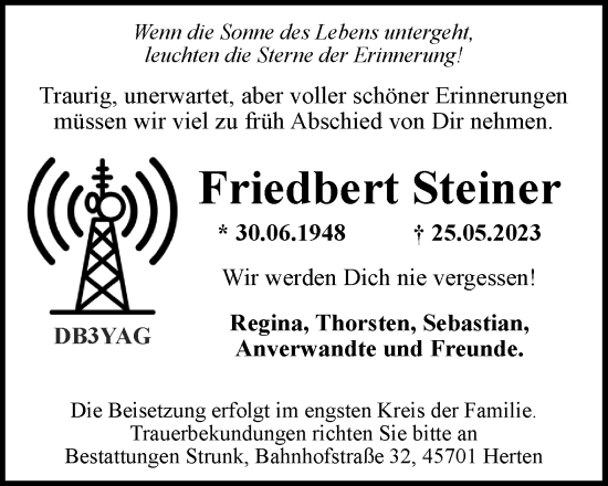 Traueranzeige von Friedbert Steiner von Medienhaus Bauer