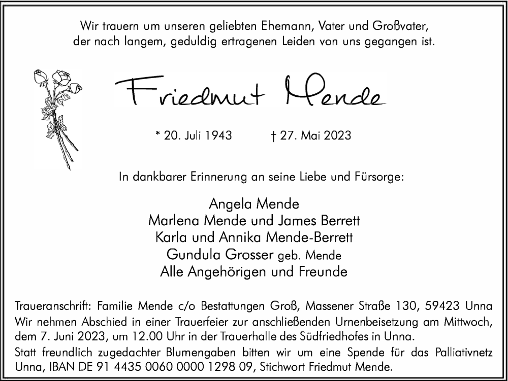  Traueranzeige für Friedmut Mende vom 03.06.2023 aus Hellweger Anzeiger