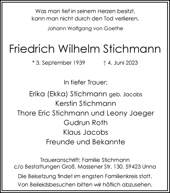 Traueranzeige von Friedrich Wilhelm Stichmann von Hellweger Anzeiger