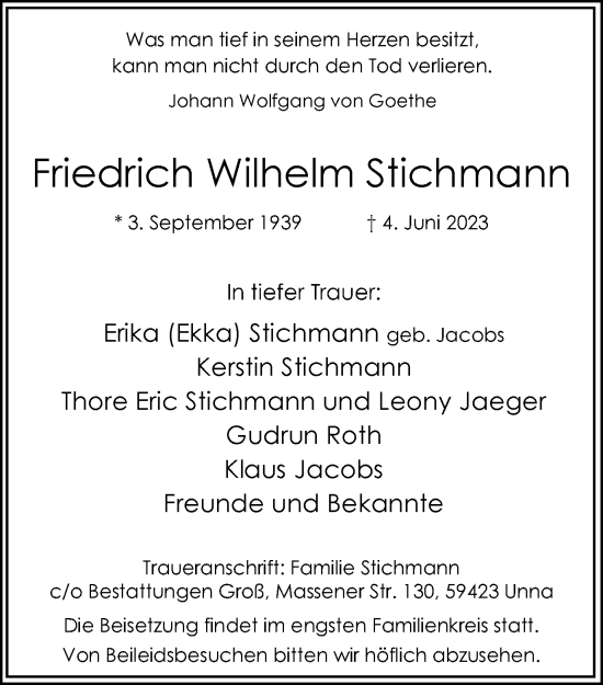 Traueranzeige von Friedrich Wilhelm Stichmann