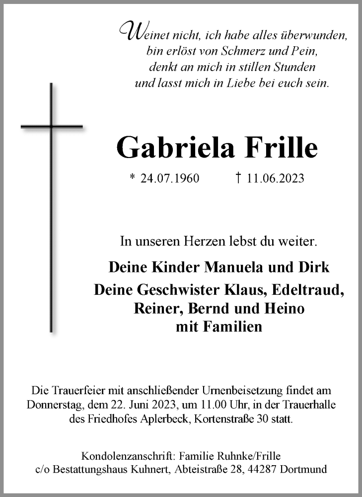  Traueranzeige für Gabriela Frille vom 17.06.2023 aus 