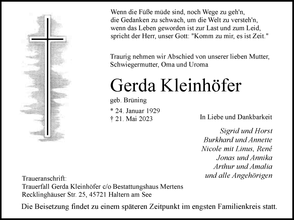  Traueranzeige für Gerda Kleinhöfer vom 01.06.2023 aus Medienhaus Bauer