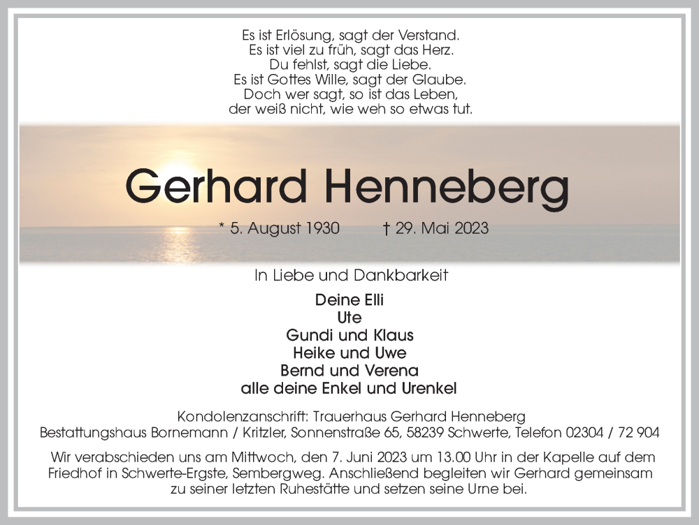  Traueranzeige für Gerhard Henneberg vom 03.06.2023 aus Ruhr Nachrichten