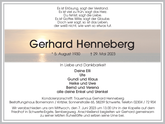 Traueranzeige von Gerhard Henneberg von Ruhr Nachrichten
