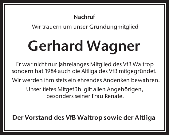 Traueranzeige von Gerhard Wagner von Medienhaus Bauer