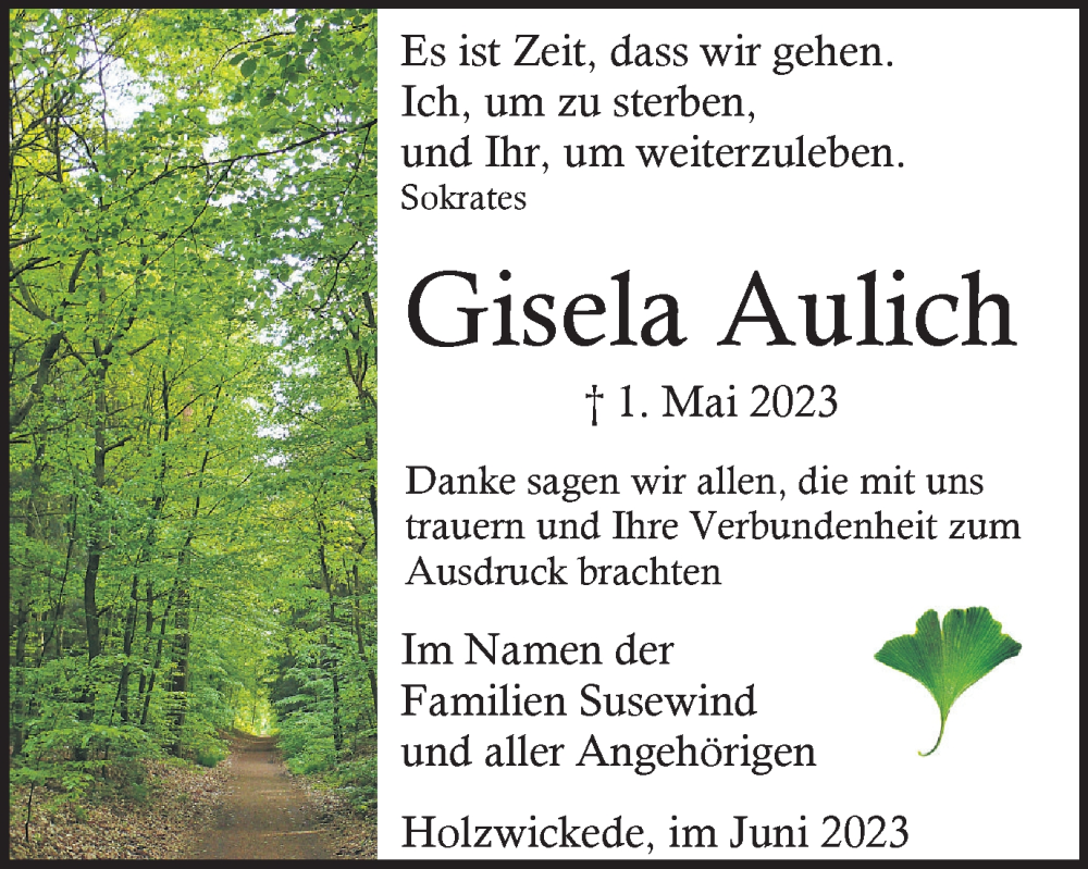  Traueranzeige für Gisela Aulich vom 17.06.2023 aus Hellweger Anzeiger
