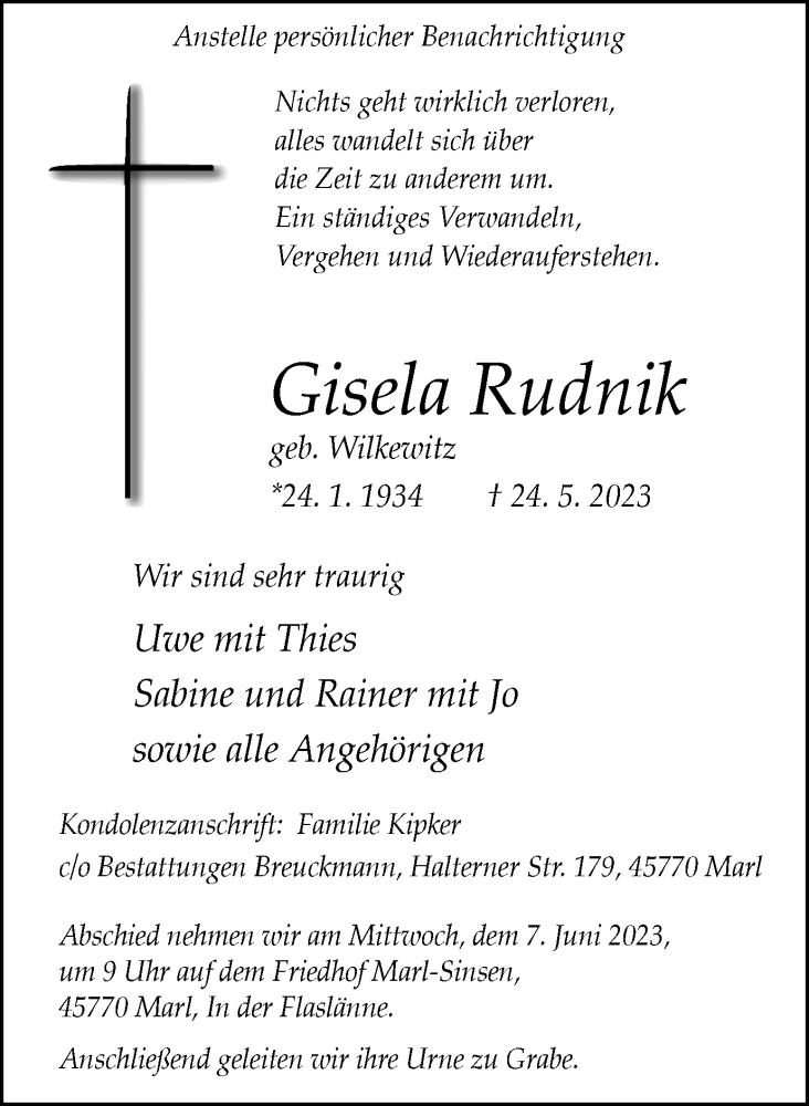  Traueranzeige für Gisela Rudnik vom 03.06.2023 aus Medienhaus Bauer